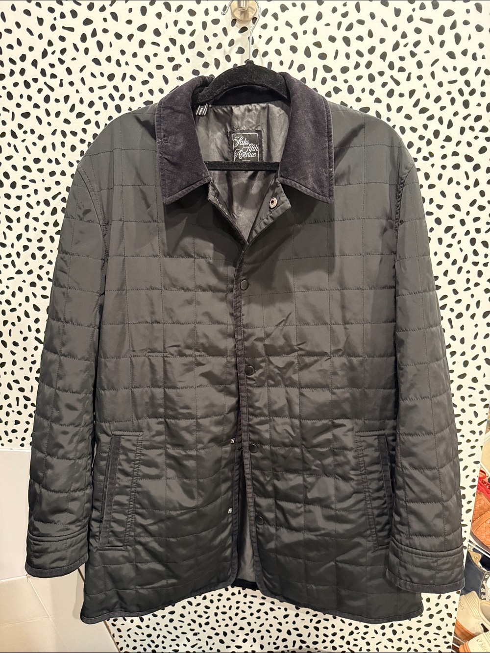 Men’s Saks Fifth Ave Black Quilted Lightweight Jacket with Corduroy Collar Large